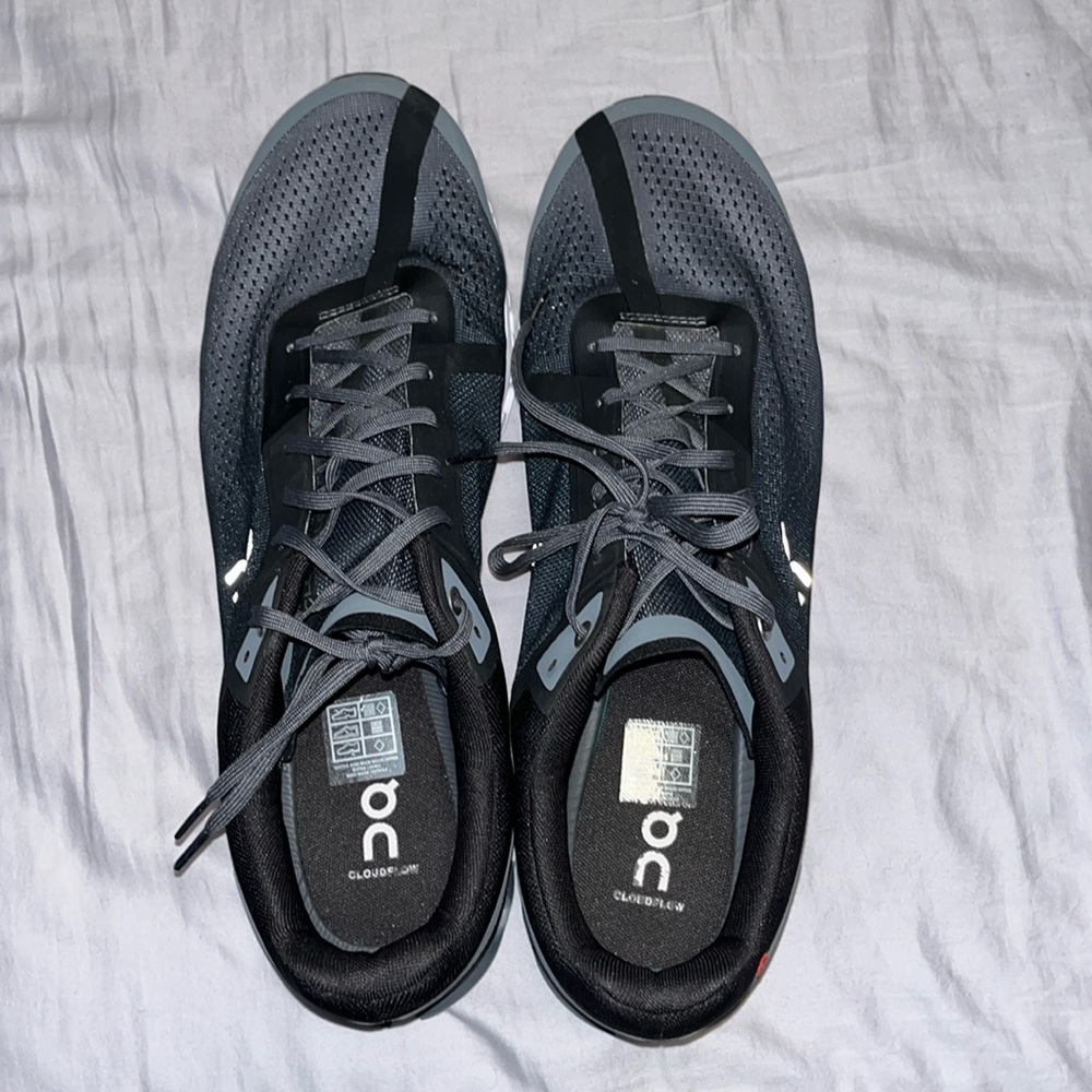 On cloud. Size 14 cloudflow. black grey & white
